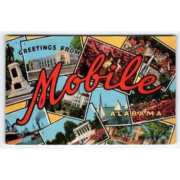 Vintage Linen Greetings From Mobile Alabama Multi-View Postcard E.C. Kropp - Picture 1 of 2